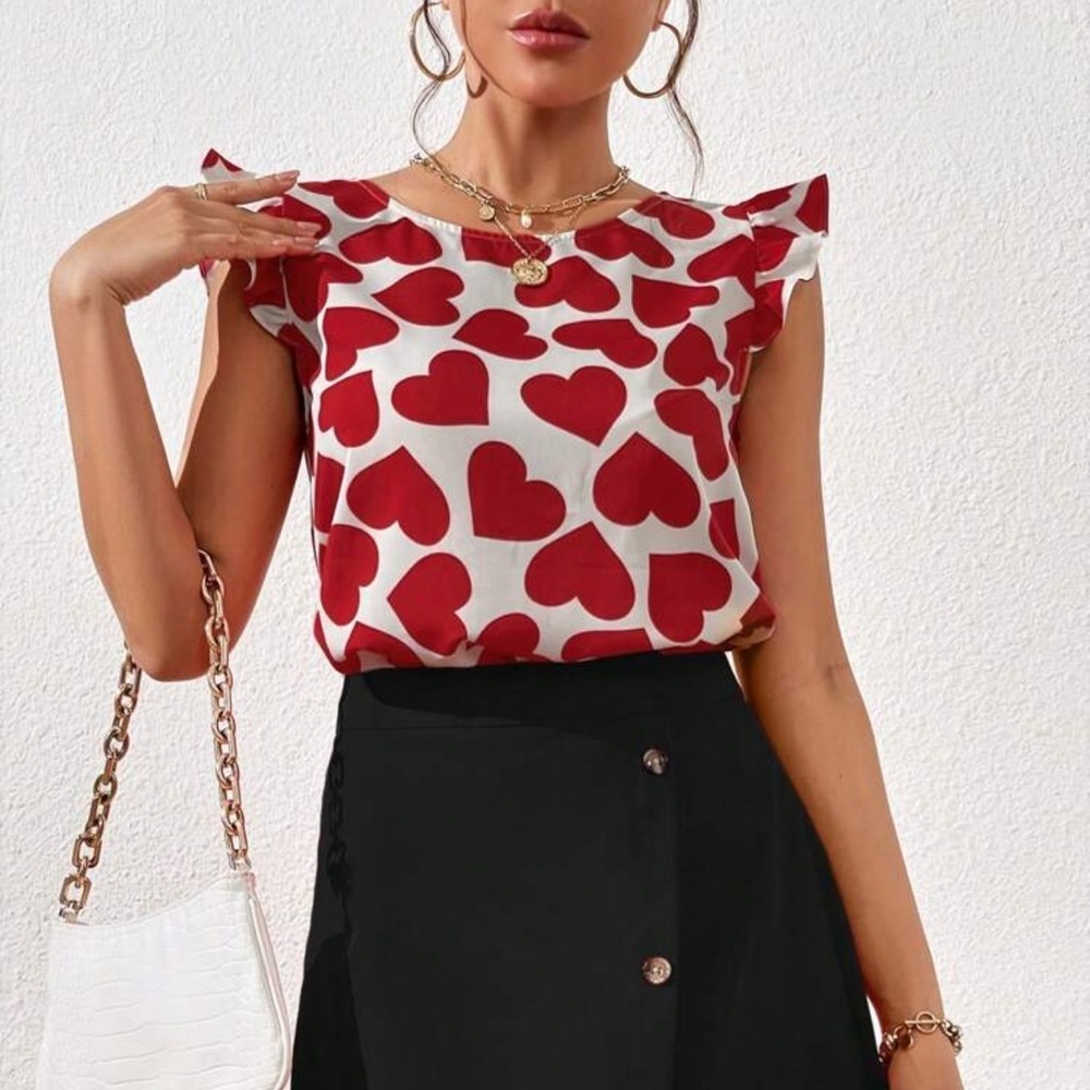 Shein LUNE Red Heart Print Ruffle Sleeve Blouse White Romantic Top Womens Size M